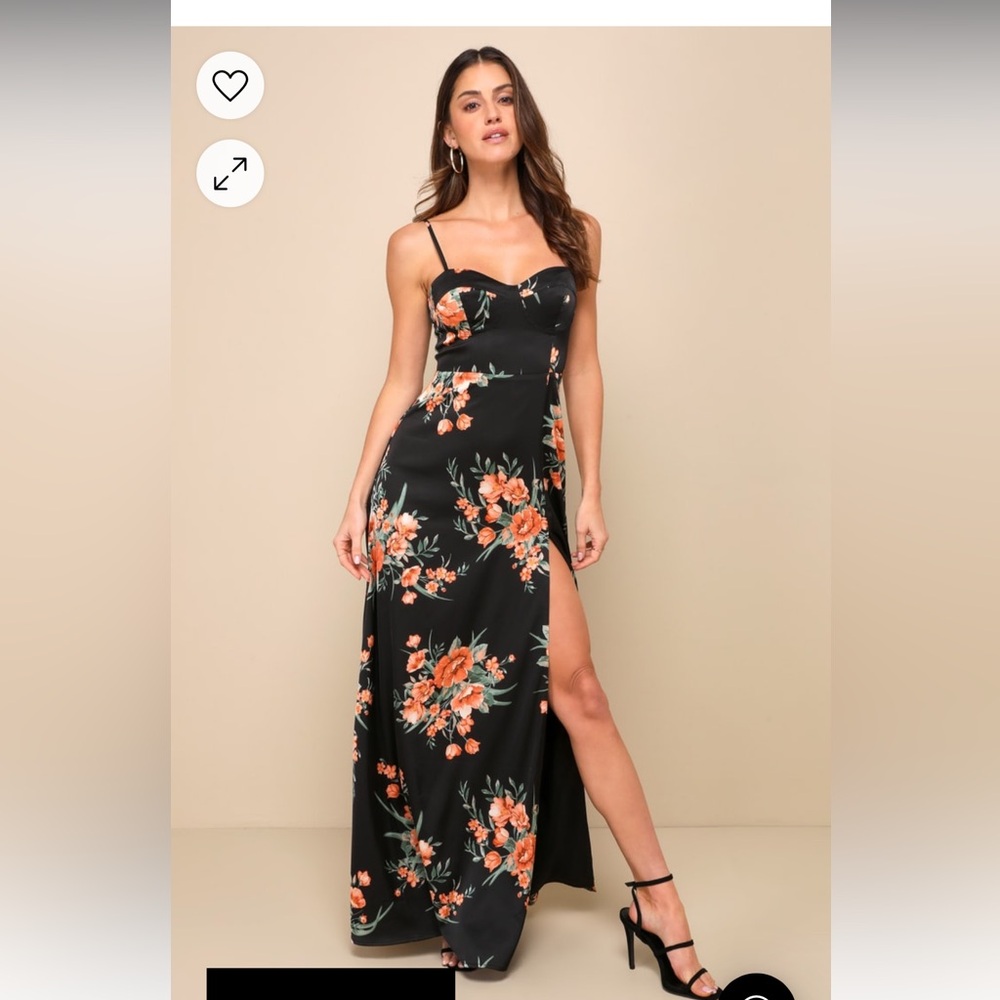 Lulu’s Black Floral Satin Summer Wedding Guest Dress S